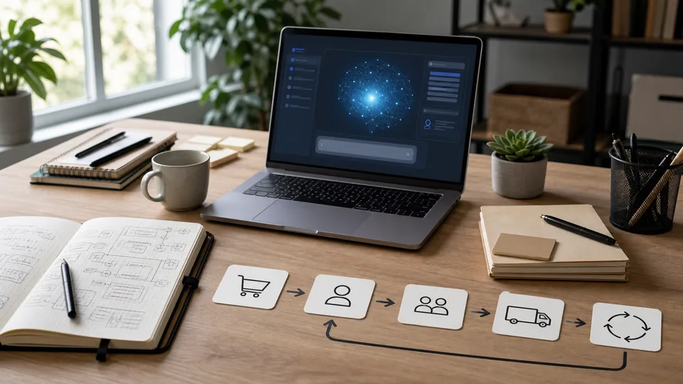 Schreibtisch mit Laptop, Notizen und Karten für ein schlankes KI 1-Person-Business
