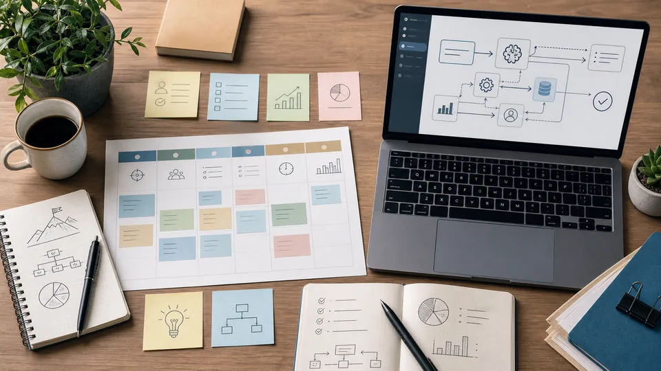 Wochenplanung mit Laptop und abstrakten KI Workflow Elementen für ein Solo-Business