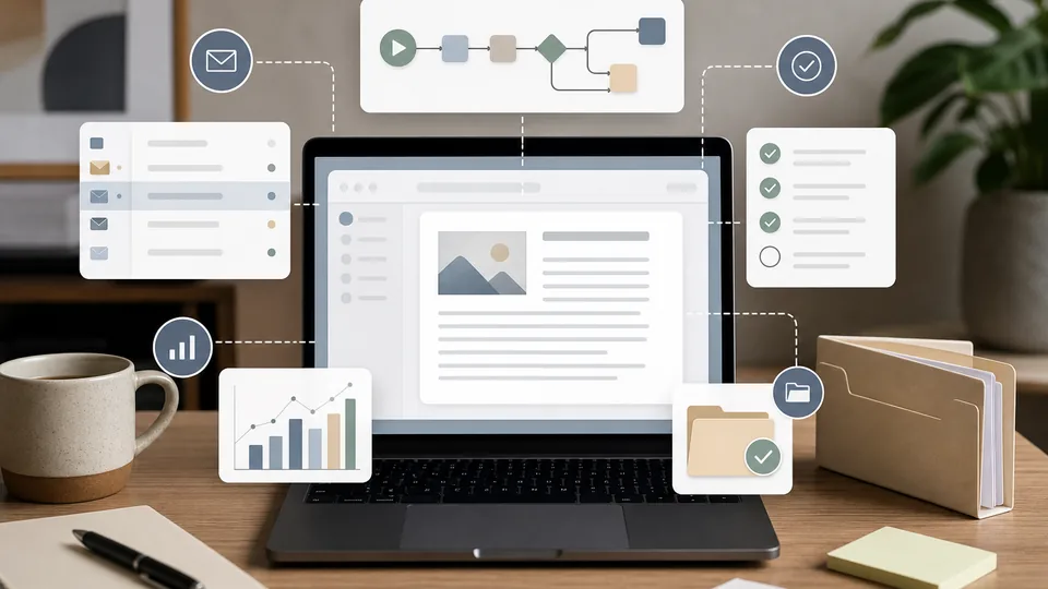 Digitaler KI Workflow mit Laptop, Automatisierungsknoten und Checklisten für Kundenlieferung
