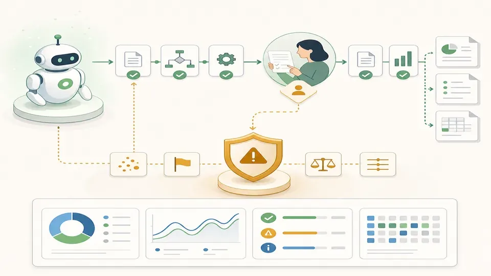 Abstrakter KI Automatisierungsworkflow mit menschlicher Prüfung und Risikokontrolle