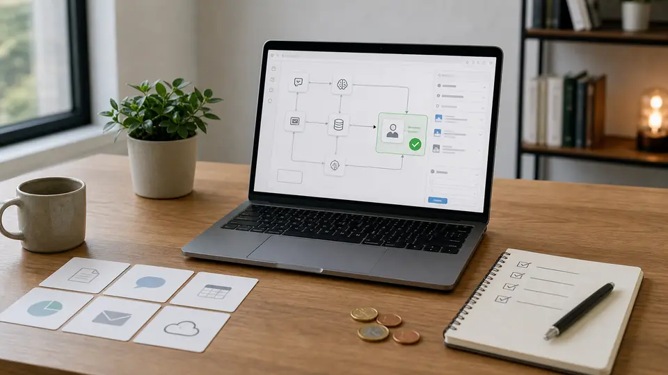 Laptop mit einfachem KI Bot Workflow, kostenlosen Tool-Kacheln und Checkliste für Einsteiger