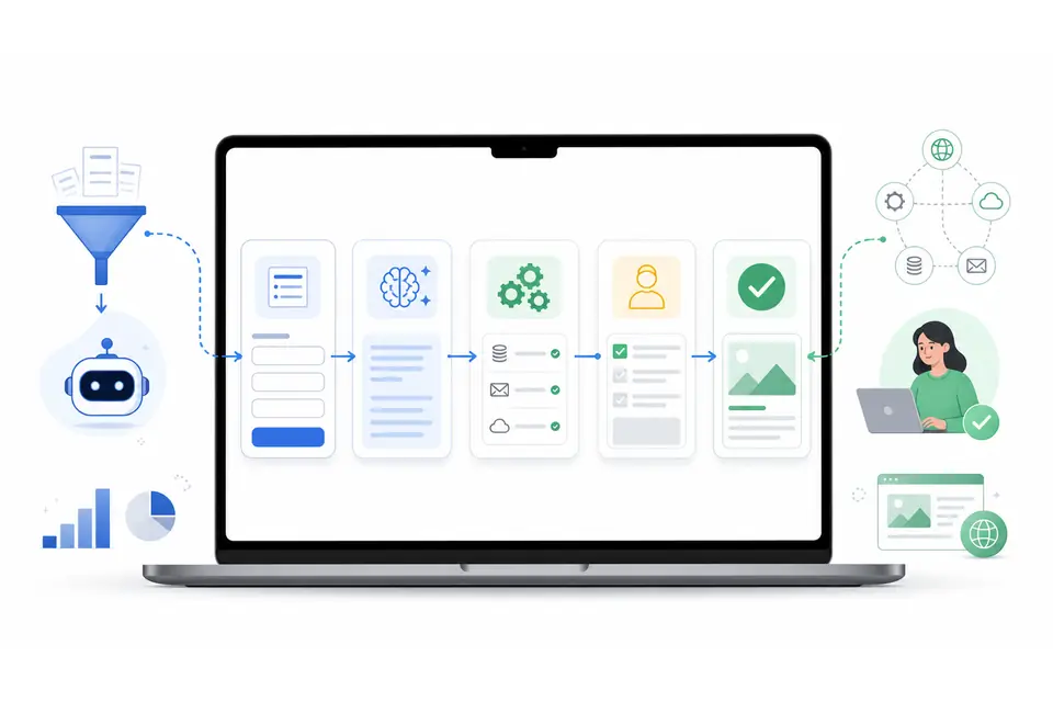 Grafische Darstellung eines kostenlosen KI Bot Workflows mit Eingabe, KI-Entwurf, Automation und menschlicher Prüfung