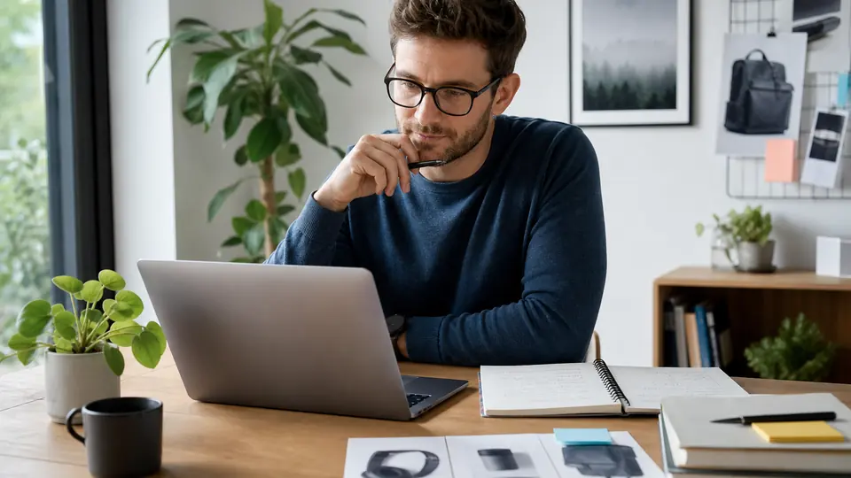 Publisher prüft mit ChatGPT einen Affiliate-Artikel und seine Quellen im hellen Homeoffice