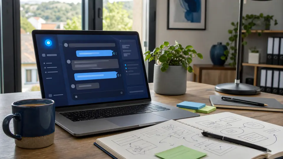 Home-Office-Schreibtisch mit Laptop, abstraktem ChatGPT Workflow und Notizen für einen KI Nebenjob
