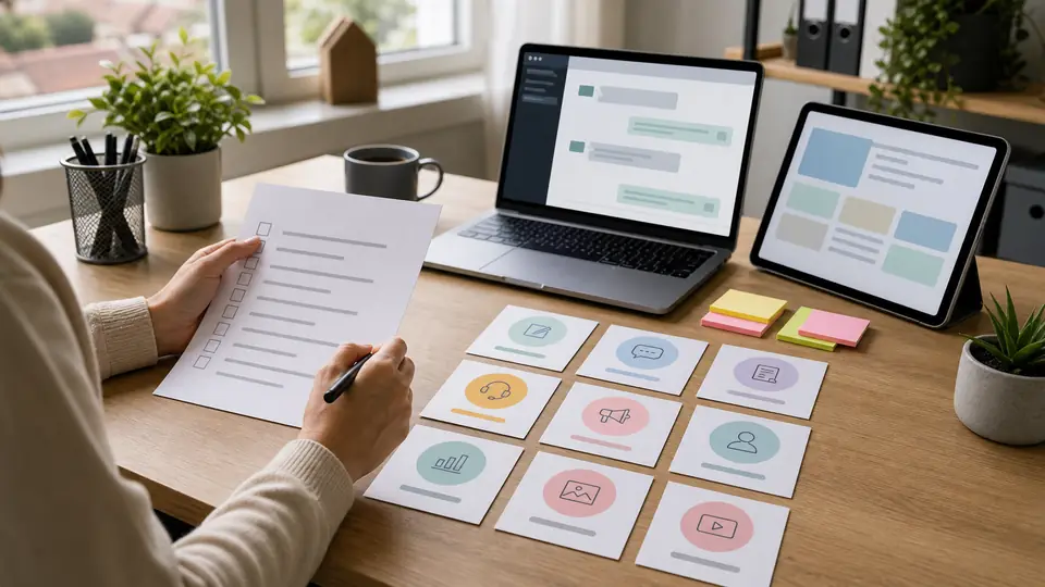 Schreibtischszene mit Laptop und visuellen Karten für verschiedene ChatGPT Nebenjob Ideen