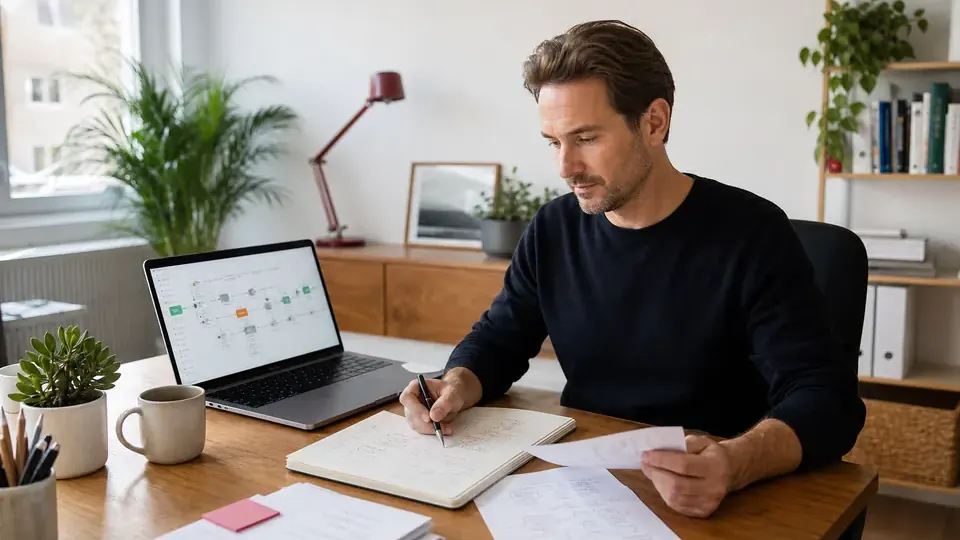 Selbstständiger plant in einem hellen Büro den Workflow einer KI Agentur ohne Programmierung