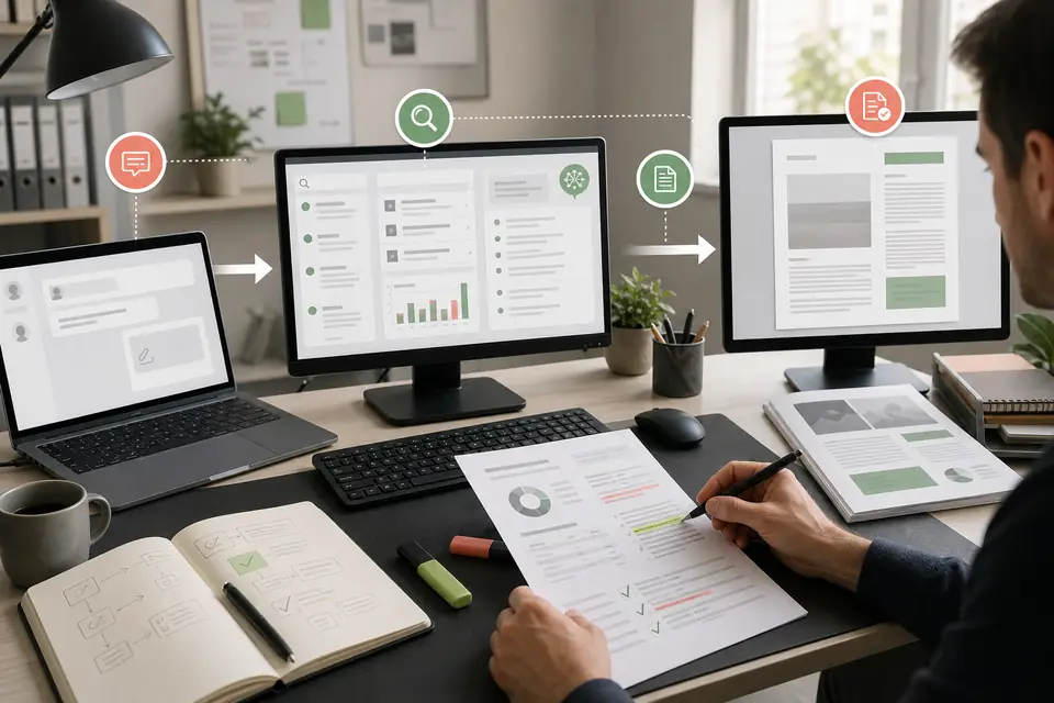 Arbeitsplatz mit mehreren Stationen eines KI-Workflows und manueller Qualitätsprüfung