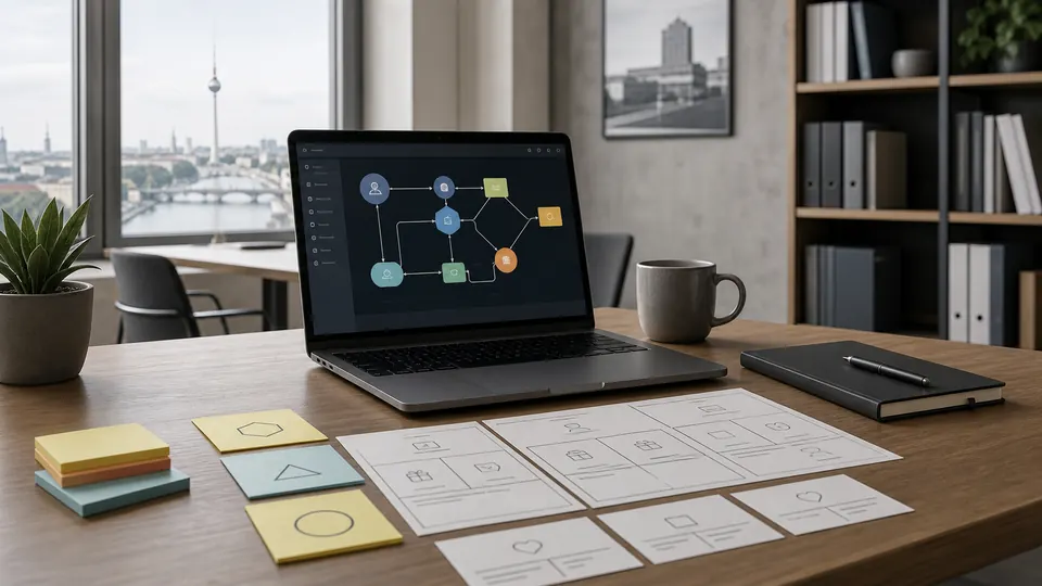 Schreibtisch mit Laptop, KI Workflow und Karten für KI Business Ideen