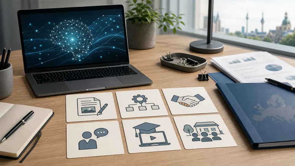 Entscheidungsmatrix mit Symbolkarten für verschiedene KI Business Modelle