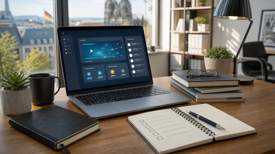 Laptop und Notizbuch mit einer sachlichen Checkliste zur Prüfung eines KI Business Kurses