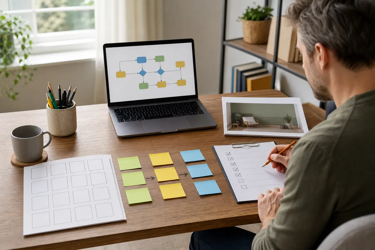 Arbeitsplatz mit Zwei-Wochen-Plan, Prüfliste und einem einfachen No-Code-Ablauf