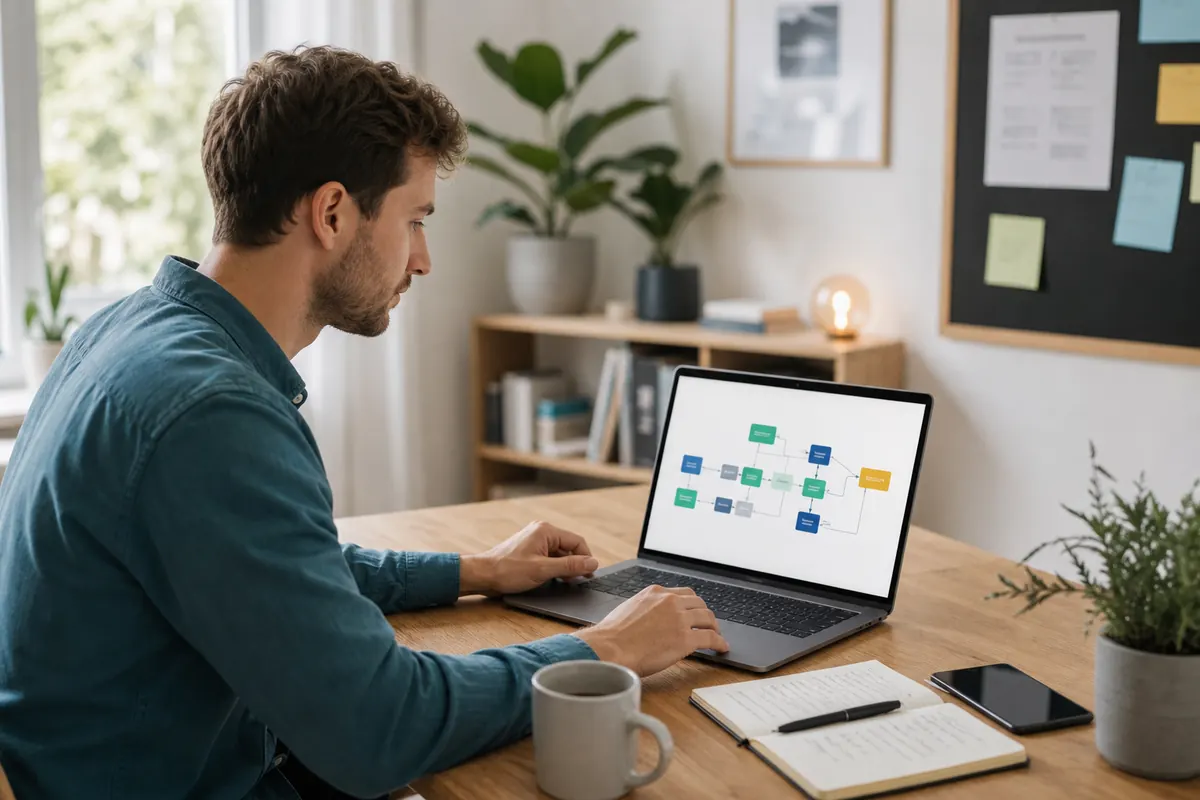 Selbstständiger plant am Laptop ein KI Business mit einem einfachen No-Code-Workflow