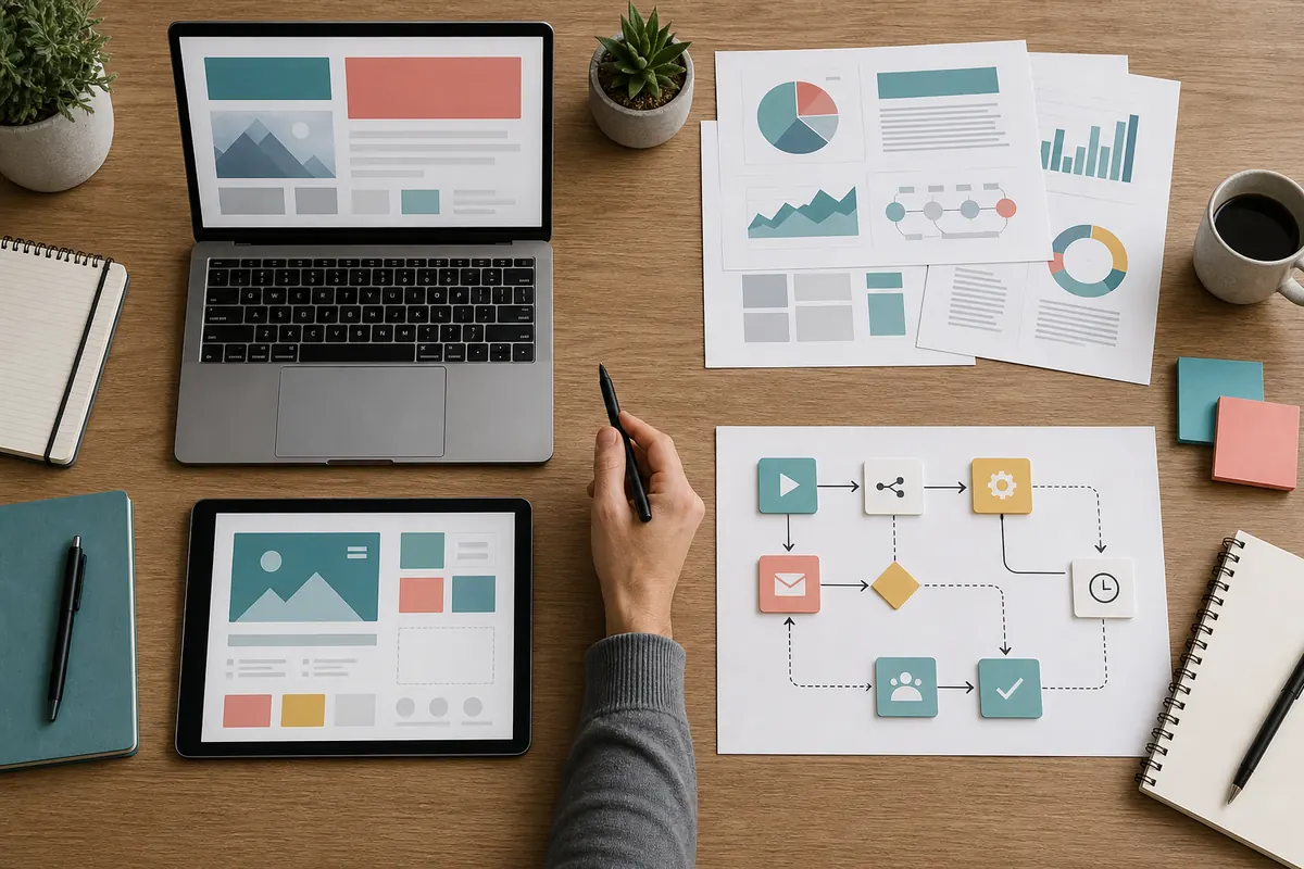 Vier Arbeitsbereiche für Content, Recherche, digitale Vorlagen und No-Code-Automation