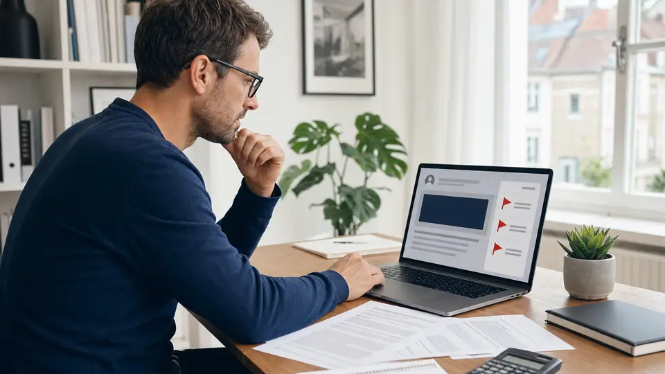 Selbstständiger prüft ein KI Business Angebot anhand von Vertrag, Kosten und Anbieterangaben