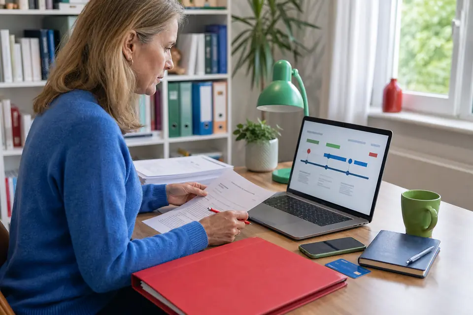 Person sichert Zahlungsbelege, E-Mails und Vertragsunterlagen nach einem verdächtigen Online-Kauf
