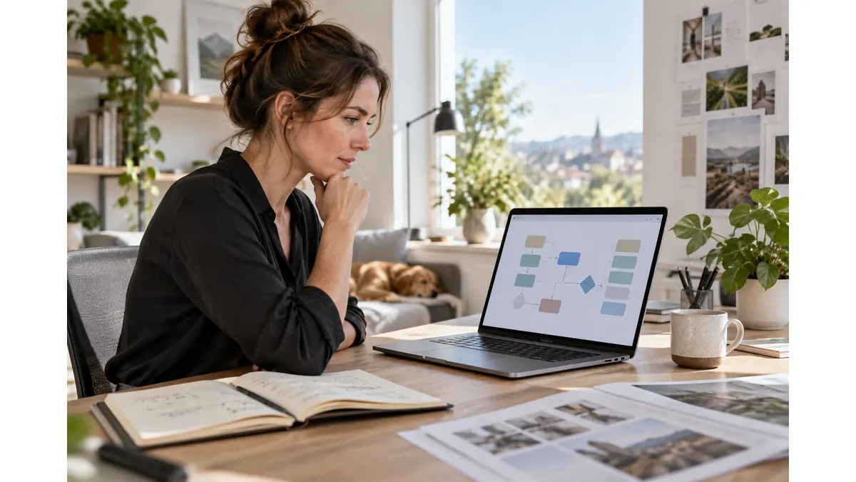 Selbstständige prüft einen KI Content Workflow am Laptop