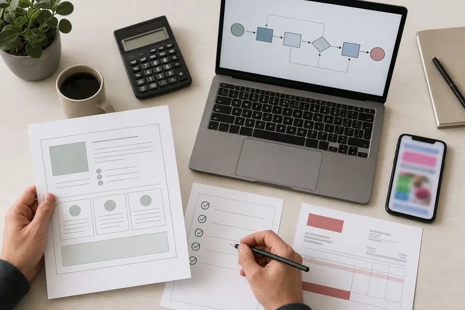 Arbeitsplatz mit Checkliste, Kalkulation und KI-Workflow für eine Seriositätsprüfung