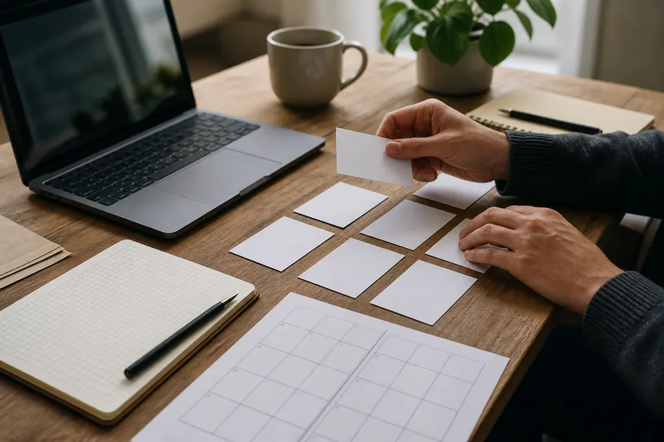 Hände ordnen leere Aufgabenkarten neben Laptop und zweiwöchigem Kalender