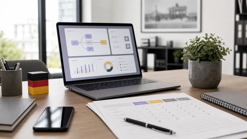 Laptop mit abstraktem KI Workflow und Checkliste zum Vergleich von KI Kurs Alternativen