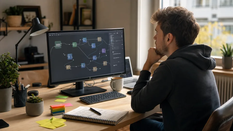 Einsteiger plant am Schreibtisch einen abstrakten KI Workflow als Mini-Projekt