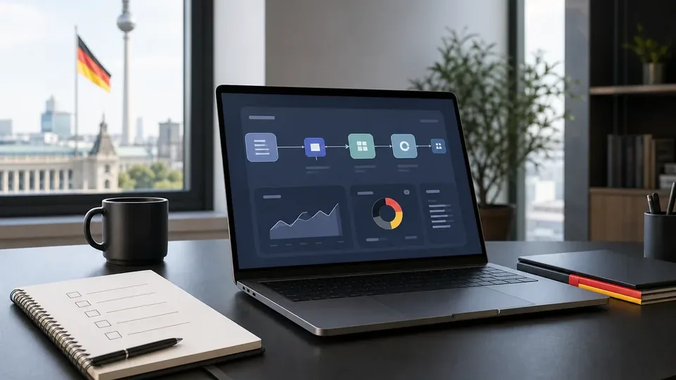 Schreibtisch mit Laptop, KI-Workflow und Checkliste zur Bewertung eines KI Online-Business Trainings