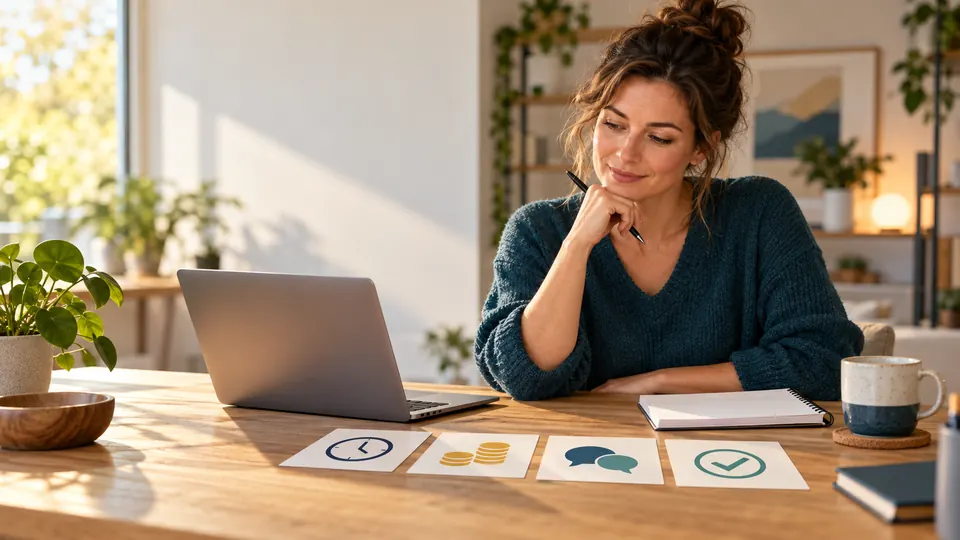 Einsteigerin prüft an einem Laptop Zeit, Budget und Unterstützung vor einem KI Business Training