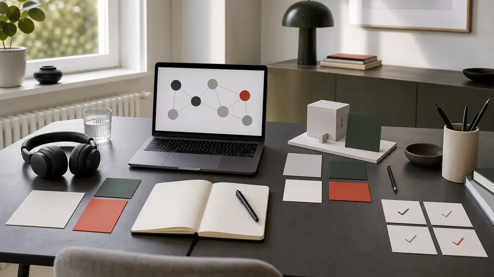 Arbeitsplatz mit vier visuellen Schritten für einen praktischen KI Lernplan