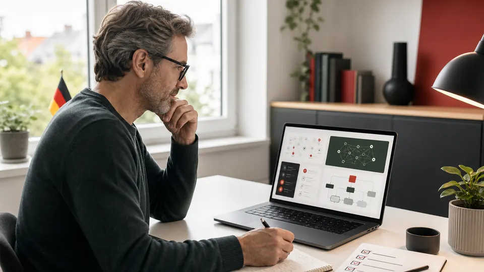 Einsteiger prüft einen deutschsprachigen KI Online-Kurs am Laptop mit einer Checkliste