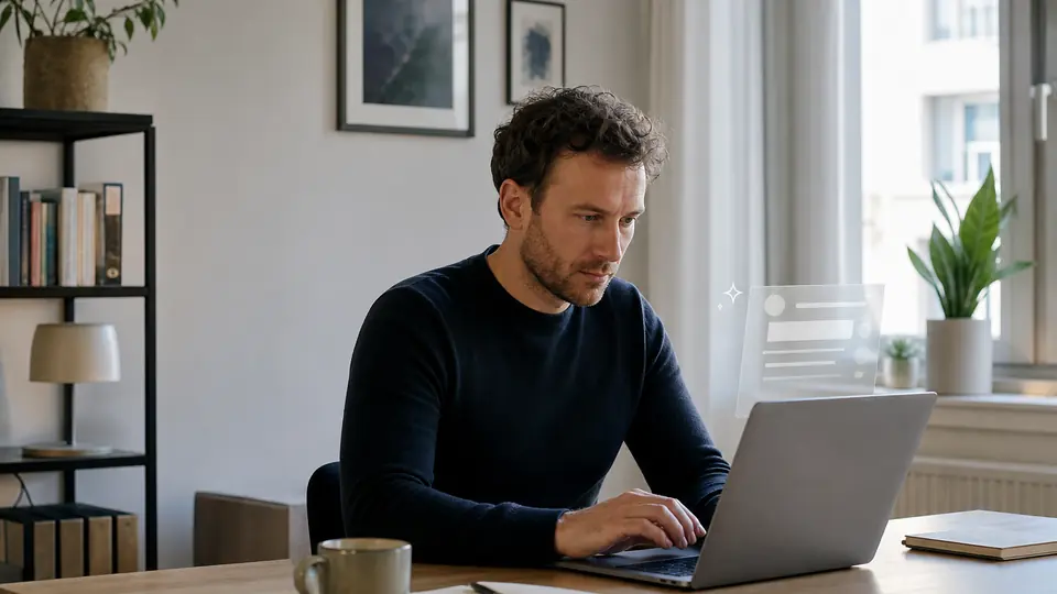Freelancer arbeitet in einem hellen Homeoffice an einem realistischen KI Nebenjob