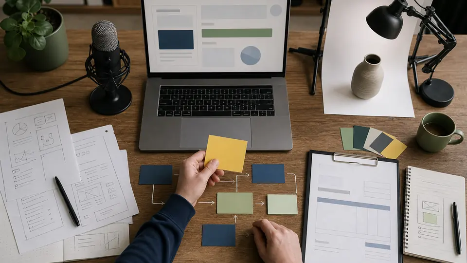 Schreibtisch mit Laptop, Mikrofon, Produktfoto-Setup und Workflow-Karten für verschiedene KI Nebenjobs