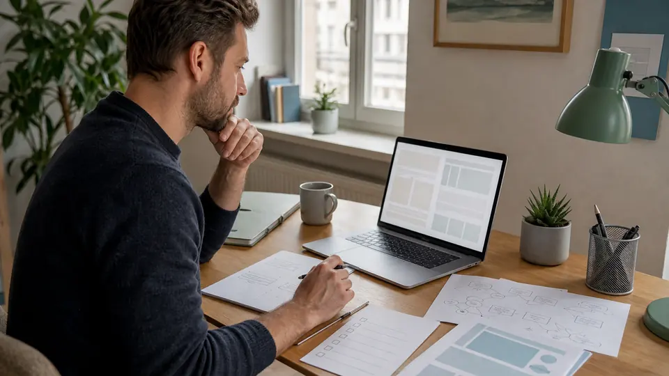 Freelancer vergleicht einen KI Entwurf mit Quellen, Notizen und einer Qualitätscheckliste
