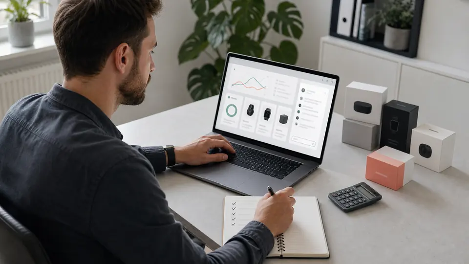 Affiliate-Publisher vergleicht KI Tools, Produktdaten und Qualitätskriterien am Laptop