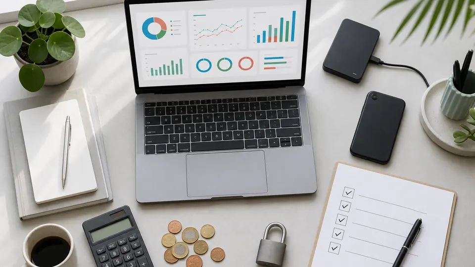 Laptop, Budgetübersicht, Euro-Münzen und Datenschutzschloss für die Planung eines KI Tool-Stacks