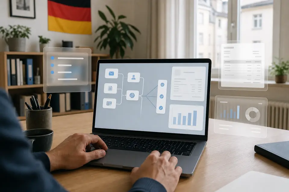 Selbstständiger prüft einen KI-Automatisierungsworkflow auf einem Laptop