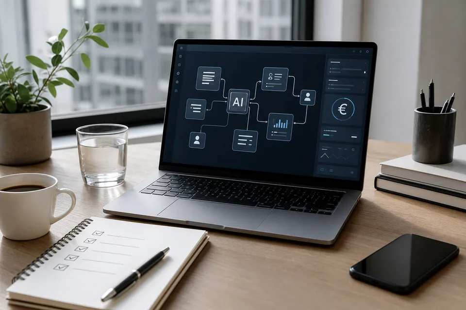 Schreibtisch mit Laptop, KI Workflow und Checkliste für seriöse Einnahmeideen mit KI