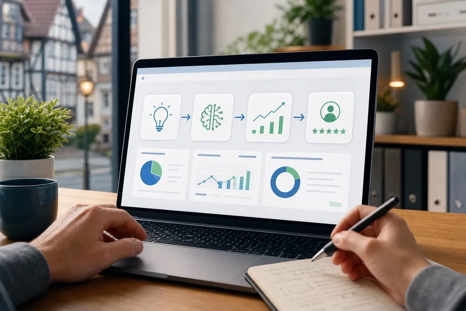 Laptop mit einfachem KI Workflow von Idee über Angebot bis Kundenfeedback